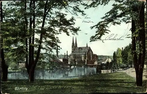 Ak Görlitz in der Lausitz, Durchblick zur Kirche