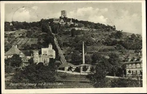 Ak Durlach Karlsruhe in Baden, Turmberg mit Drahtseilbahn