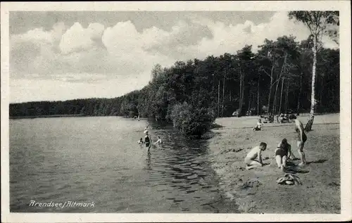 Ak Arendsee in der Altmark, Strandpartie mit Badegästen und Wald