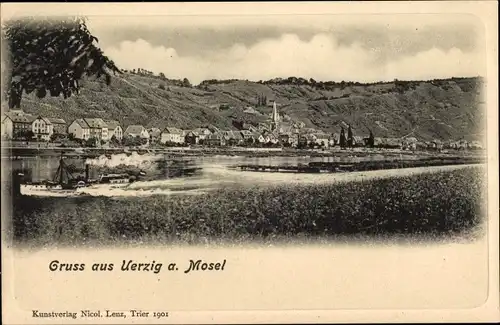 Ak Uerzig Ürzig an der Mosel, Panorama vom Ort, Dampfer