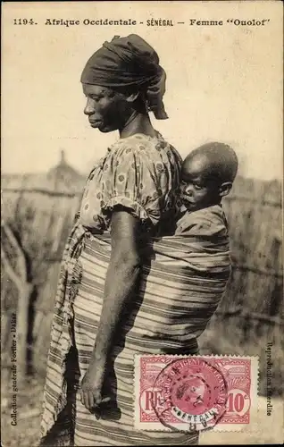 Ak Afrique Occidentale, Femme Ouolof, portrait, écharpe porte bébé