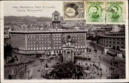 Ak Barcelona Katalonien Spanien, Plaza de España, Fuente Monumental