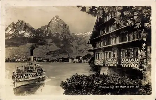 Ak Brunnen Kt. Schwyz Schweiz, Mythen, Dampfer