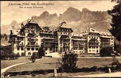 Ak Lago di Carezza Karersee Südtirol, Hotel, Blick auf Rosengarten