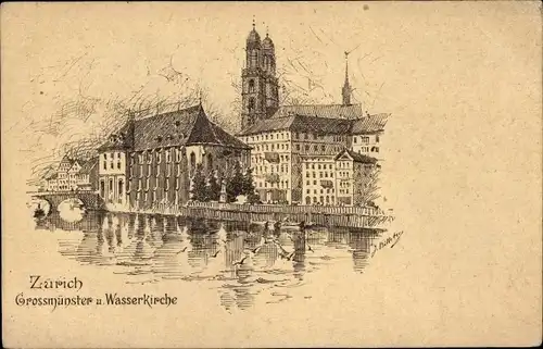Künstler Ak Zürich Stadt Schweiz, Großmünster, Wasserkirche
