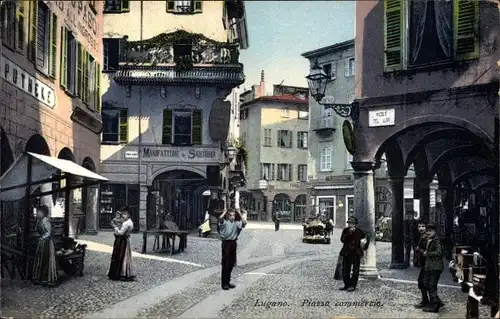 Ak Lugano Kanton Tessin, Piazza commercio, Apotheke, Manifatture Sartoria