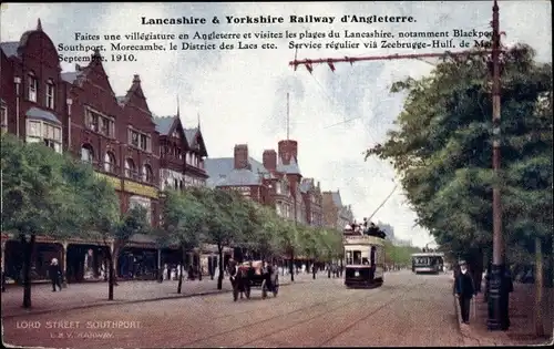 Ak Southport Merseyside England, Lancashire and Yorkshire Railway, Lord Street, Straßenbahn