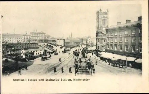 Ak Manchester England, Cromwell Statue and Exchange Station