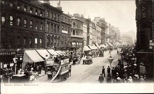 Ak Manchester England, Market Street, Pferdebahn