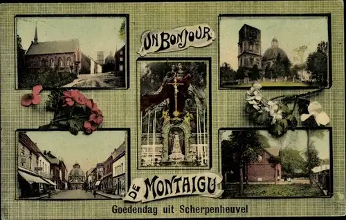 Ak Montaigu Scherpenheuvel Flämisch Brabant, Brunnen, Kirche, Straßenpartie