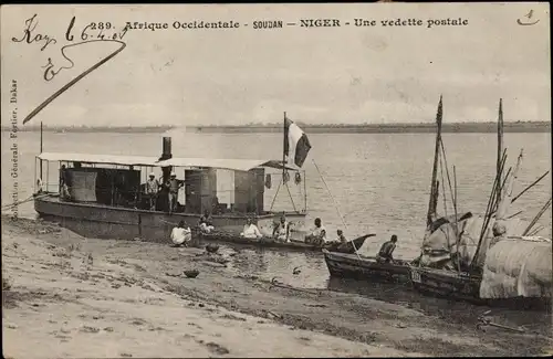 Ak Soudan Niger, une vedette postale, Schiff am Strand