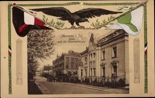 Passepartout Ak Meerane in Sachsen, Oberrealschule, Fahnen, Adler