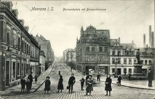 Ak Meerane in Sachsen, Bismarckplatz, Bismarckstraße, Bismarckdenkmal, Geschäfte, Kinder