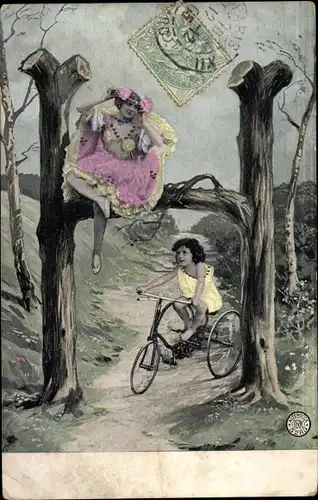 Buchstaben Ak Buchstabe H aus Baumstämmen, Frau, Kind auf Dreirad