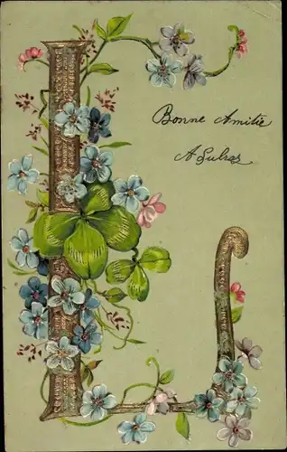 Präge Buchstaben Ak Buchstabe L, Kleeblätter, Vergissmeinnicht