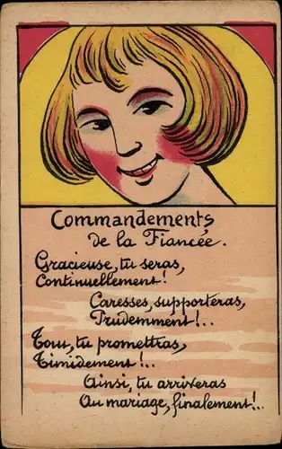 Künstler Ak Commandements de la Fiancee, gracieuse, tu seras, continuellement