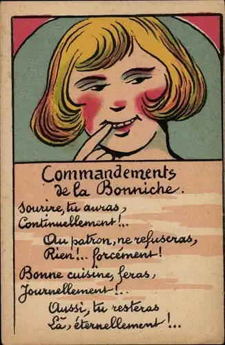 Künstler Ak Commandements de la Bonnice, sourire, tu auras, continuellement