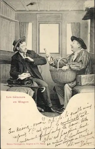 Ak Editions Bergeret, Les Geneurs en Wagon, Reisende im Zugabteil, Mann bietet Wein an