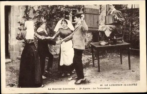 Ak La Bourrée Limousine, Frauen in Volkstrachten, Tanzpaare, Akkordeonspieler
