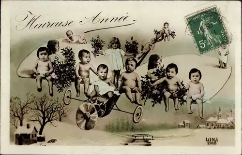 Ak Kinder auf einem Flugzeug, Fotomontage, Glückwunsch Neujahr