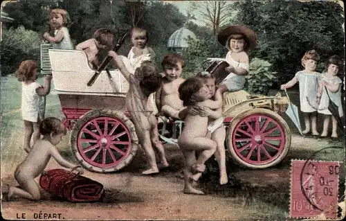 Ak Kinder in einem Automobil, Abfahrt, Fotomontage, Kitsch, Le Départ