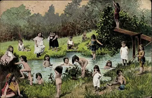 Ak Kinder badend an einem Fluss, Fotomontage
