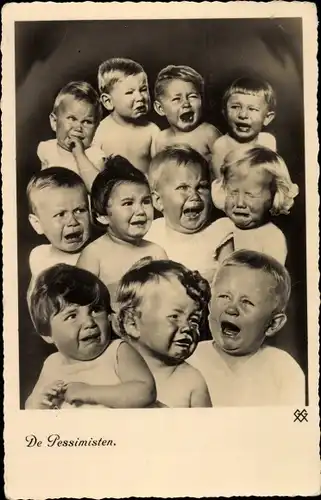 Ak Die Pessimisten, weinende Kinder, Portraits, Collage