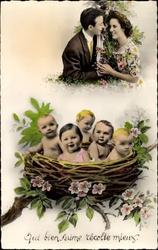 Ak Glückwunsch Geburt, Kinder im Vogelnest, Liebespaar, Blumen