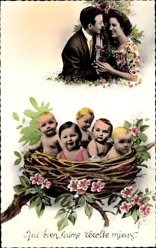 Ak Glückwunsch Geburt, Kinder im Vogelnest, Liebespaar, Blumen