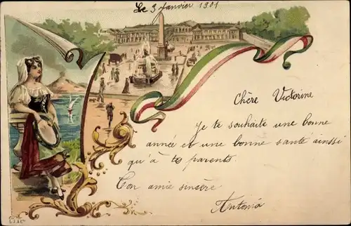 Litho Frau in Italienischer Tracht, Tamburin