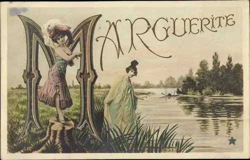Buchstaben Ak Vorname Marguerite, Frauen am Flussufer