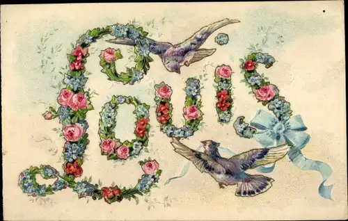 Buchstaben Präge Ak Vorname Louis, Tauben, Blumen