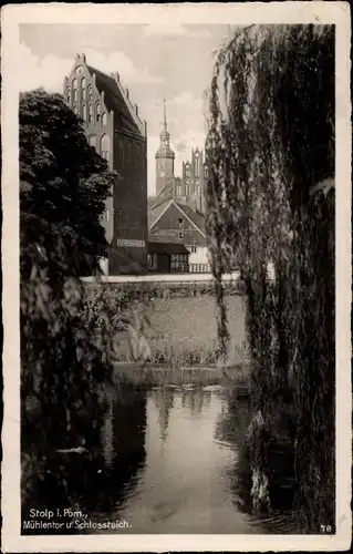 Ak Słupsk Stolp Pommern, Mühlentor und Schlossteich