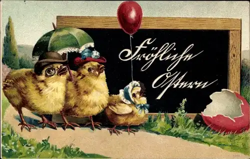 Präge Ak Glückwunsch Ostern, Küken, Hühner-Familie, Ballon, Spaziergang