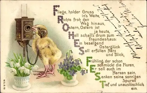 Litho Glückwunsch Ostern, Küken beim Telefonieren, Blumen, Schneeglocken