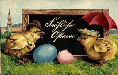 Präge Ak Glückwunsch Ostern, Küken, Ostereier, Sonnenschirm