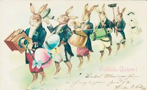 Glitzer Litho Glückwunsch Ostern, Osterhasen musizieren auf Haushaltsgeräten, Kaffeemühle, Gießkanne