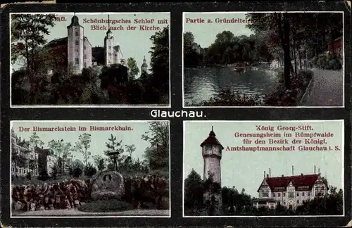 Ak Glauchau, Gräfl, Schönburgsches Schloss, Kirche, Genesungsheim König Georg Stift, Bismarckstein