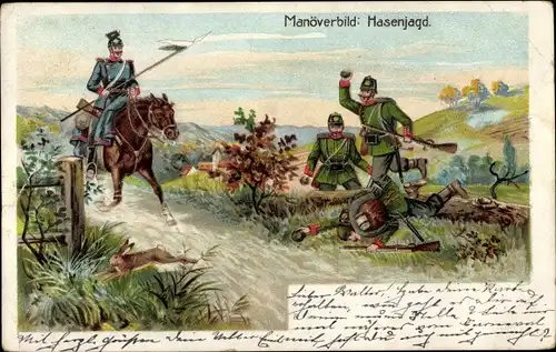 Litho Manöverbild, Hasenjagd, Deutscher Kriegerbund