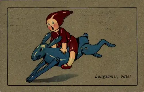 Litho Langsamer, bitte, Puppe reitet auf einem Spielzeughasen