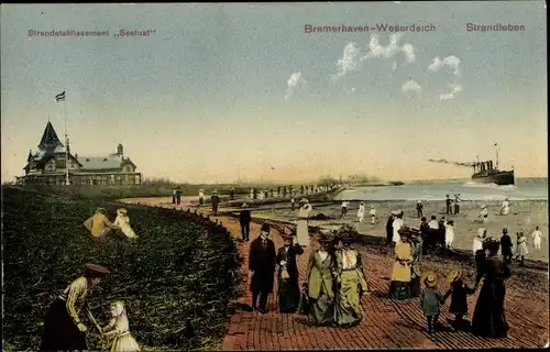 Ak Bremerhaven, Weserdeich, Strandetablissement Seelust, Strandleben