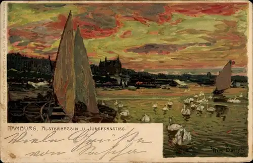 Künstler Ak Hamburg, Alsterbassin und Jungfernstieg, Dämmerung, Schwäne