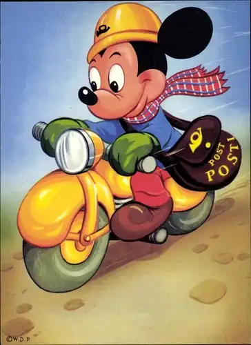 Künstler Ak Walt Disney, Mickey Mouse, Micky Maus auf einem Motorrad, Posttasche, Comic