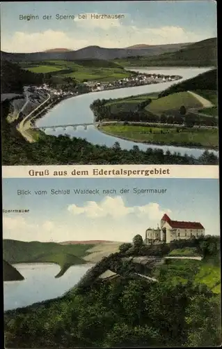 Ak Waldeck am Edersee Hessen, Edertalsperre, Herzhausen, Schloss Waldeck