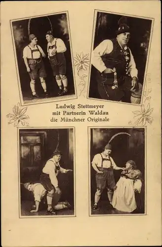 Ak Ludwig Stettmeyer mit Partnerin Waldau, die Münchner Originale, Lederhose