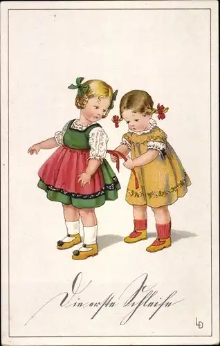 Künstler Ak Döring, Lia, Die erste Schleife, Zwei Mädchen
