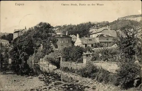 Ak Eupen Wallonien Lüttich, untere Stadt, Partie an der Weser