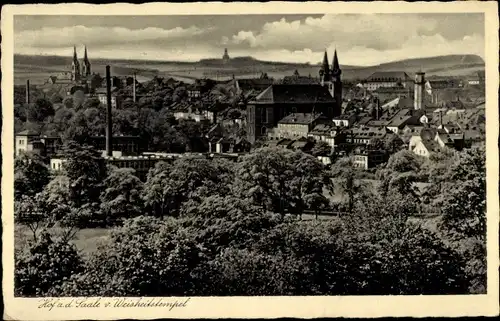 Ak Hof an der Saale Oberfranken Bayern, Blick auf den Ort vom Weisheitstempel