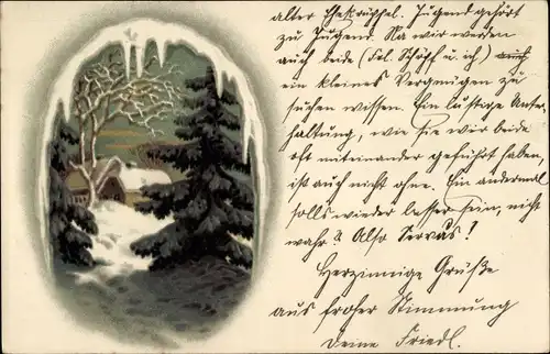 Künstler Ak Winterlandschaft mit Gebäude und Tannen