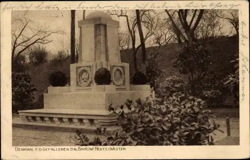 Ak Frankreich, Denkmal für die Gefallenen des. 16. Bayr. Inf. Regts., I WK